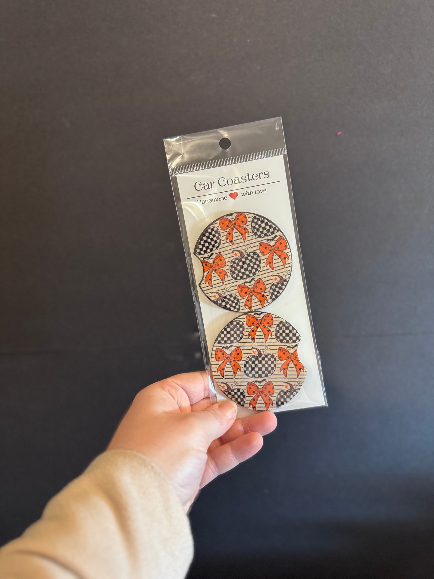 Checkered pumpkin/bow coasters