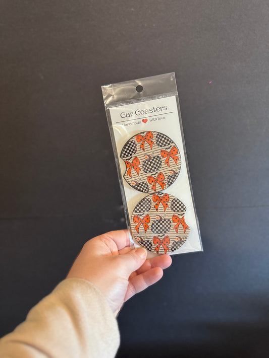 Checkered pumpkin/bow coasters